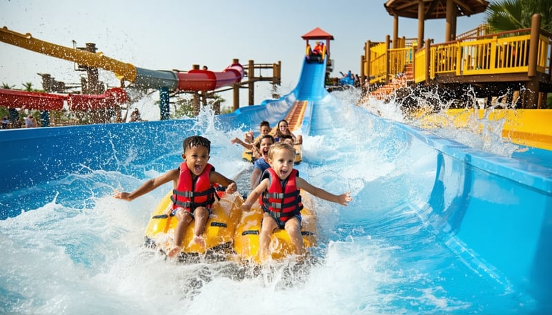 Families enjoying water slides and attractions at Dubai Water Park Families enjoying water slides and attractions at Dubai Water Park