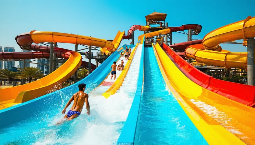 A vibrant water park in Dubai with slides, pools, and families enjoying the attractions A vibrant water park in Dubai with slides, pools, and families enjoying the attractions